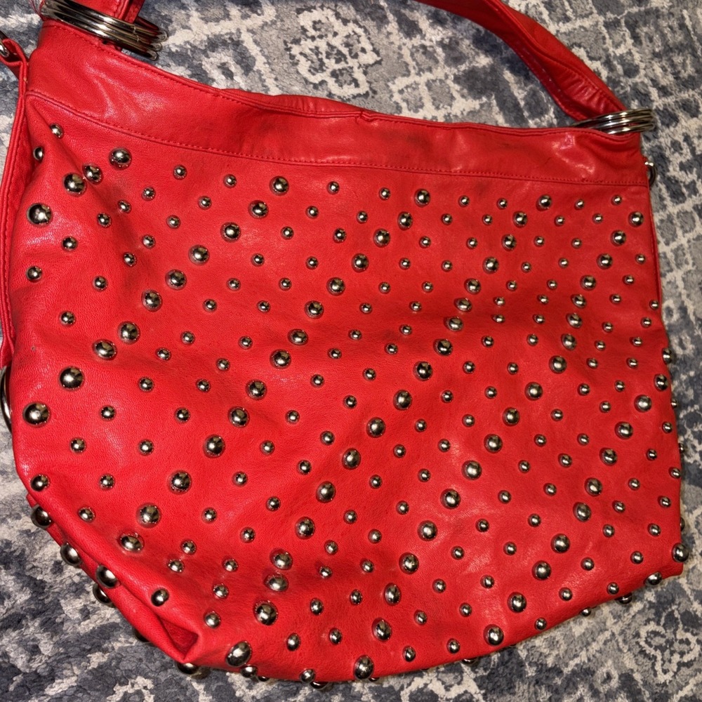 Large Red Rock silver stud Leather Crossbody Bag - Picture 3 of 13